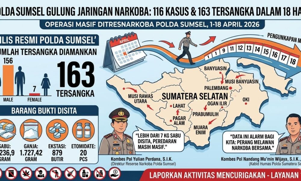 Sepanjang April 2026, Polda Sumsel Ungkap 116 Kasus Narkoba dan Tangkap 163 Tersangka Sepanjang April 2026 Polda Sumsel Ungkap 116 Kasus Narkoba dan Tangkap 163 Tersangka