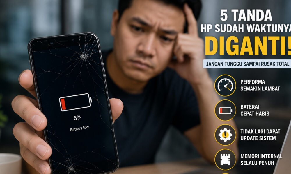 5 Tanda HP Anda Sudah Waktunya Diganti, Jangan Tunggu Sampai Rusak Total Seorang pengguna memperlihatkan smartphone yang mengalami layar retak dan baterai cepat habis sebagai ilustrasi lima tanda HP sudah waktunya diganti agar aktivitas tetap lancar. (Foto: ilustrasi/previews.sriwijayaterkini.id)