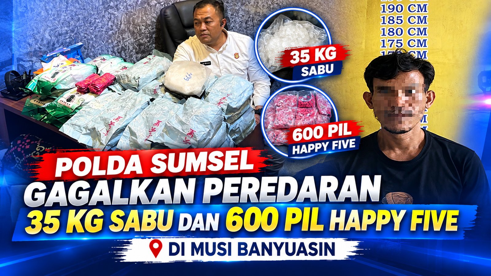Polda Sumsel Gagalkan Peredaran 35 Kg Sabu dan 600 Pil Happy Five di Musi Banyuasin